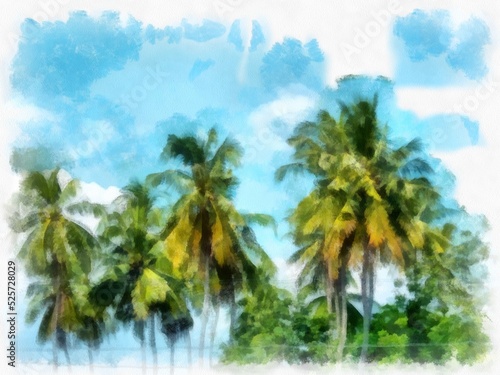 coconut tree landscape watercolor style illustration impressionist painting.