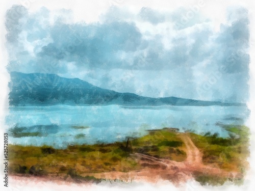 landscape of lakes and mountains watercolor style illustration impressionist painting.