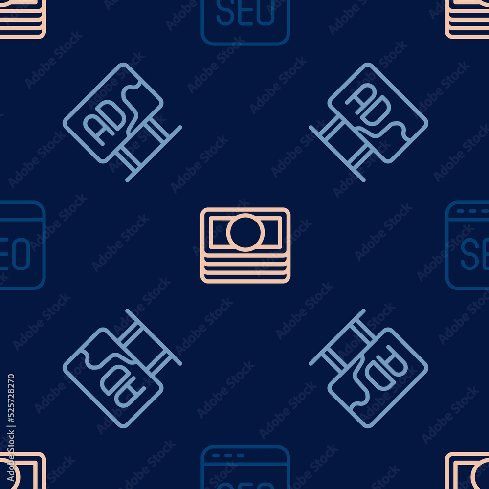 Set line SEO optimization, Advertising and Stacks paper money cash on seamless pattern. Vector Set line SEO optimization, Advertising and Stacks paper money cash on seamless pattern. Vector
