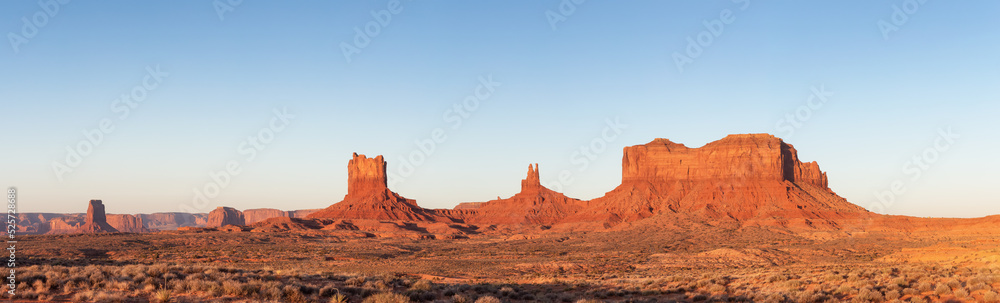 Desert Rocky Mountain American Landscape. Sunny Morning Sunrise. Oljato-Monument Valley, Utah, United States. Nature Background Panorama.