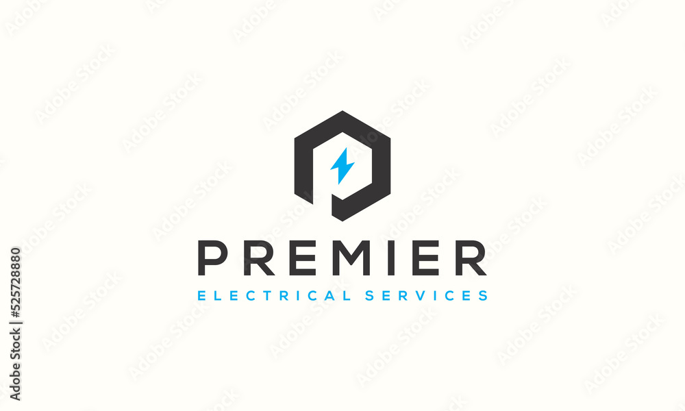 vector graphic logo design, hexagon shape with negative space initial letter P with electric bolt icon vector graphic logo design, hexagon shape with negative space initial letter P with electric bolt icon