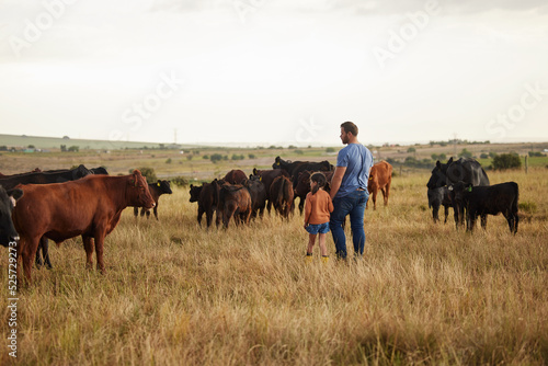 Fotografija Farm, sustainability and agriculture in countryside with father bonding with girl on cattle farm