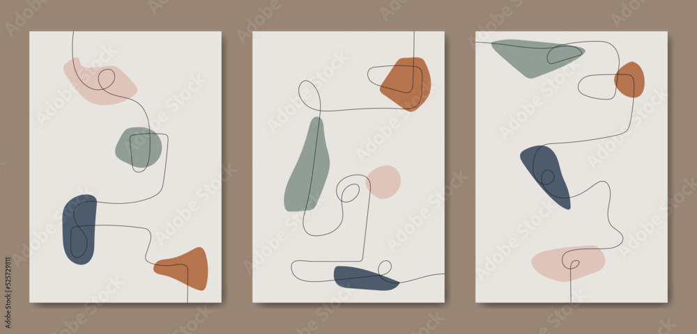 Set of three Abstract Aesthetic mid century modern shape Contemporary boho poster cover template. Minimal and natural Illustrations for art print, postcard, wallpaper, wall art