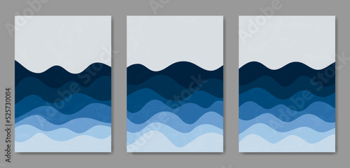 Set of three Abstract Aesthetic mid century modern Ocean landscape Contemporary boho poster cover template. Minimal and natural Illustrations for art print, postcard, wallpaper, wall art