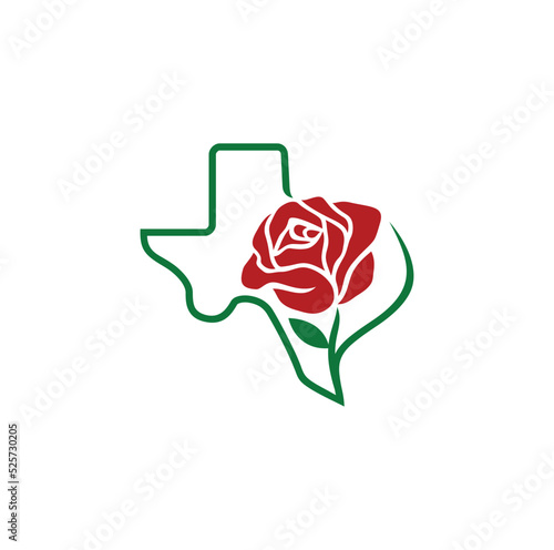 Texas map and Rose Flower Logo design. Vector Illustration.