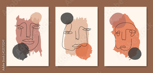 Set of three Abstract Aesthetic mid century modern line art face Contemporary boho poster cover template. Minimal and natural Illustrations for art print, postcard, wallpaper, wall art.