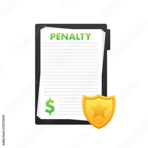 Penalty document with shield. Payment protection. Vector stock illustration.