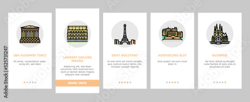 Europe Monument Construction onboarding icons set vector