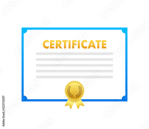 Certificate icon. License badge. Paper Graduation Award with Gold Medal. Vector stock illustration.