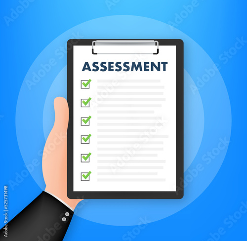 Clipboard checklist with assessment. Assessment of users experience of services. Vector stock illustration. © DG-Studio