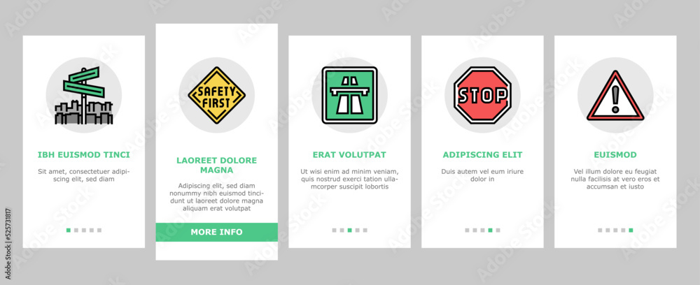 Traffic Sign Road Information onboarding icons set vector