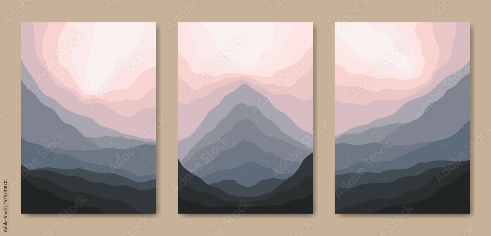 Set of three Abstract Aesthetic mid century modern scenery landscape Contemporary boho poster cover template. Minimal and natural Illustrations for art print, postcard, wallpaper, wall art.