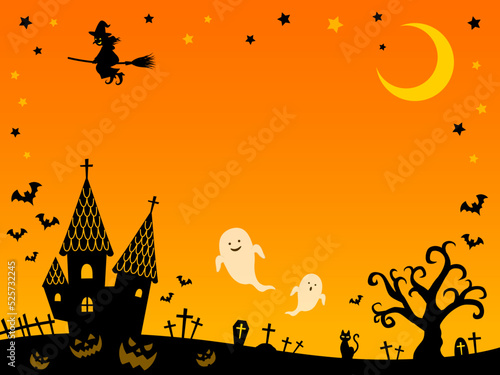 オバケと魔女シルエットのハロウィンフレーム背景_オレンジ_ベクターイラスト