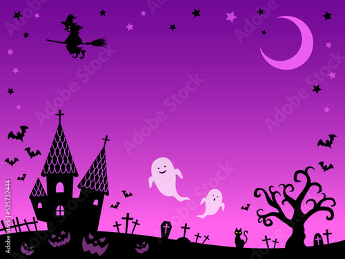 オバケと魔女シルエットのハロウィンフレーム背景_パープル_ベクターイラスト