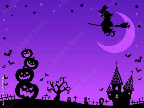 カボチャタワーと魔女シルエットのハロウィンフレーム背景_パープル_ベクターイラスト