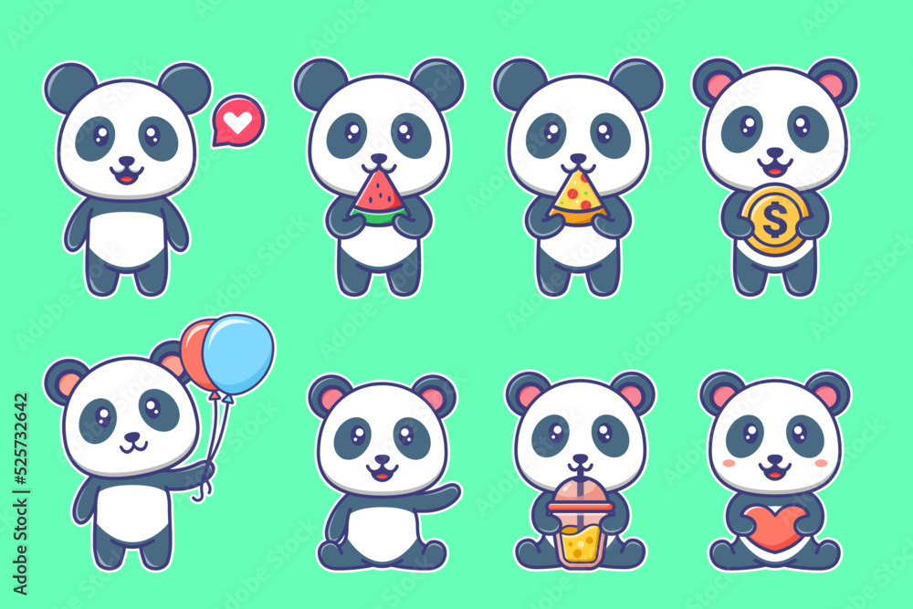 Cute panda cartoon collection. Cute animal illustration. Happy panda cartoon, sitting, standing, eating, holding. For sticker, crafting, poster, mascot, icon, logo, printing, packaging.