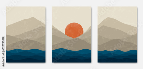 Abstract Contemporary mid century modern Landscape boho poster template. Aesthetic Modern Art Minimal and natural mountains compositions for postcard cover wallpaper wall art home decor