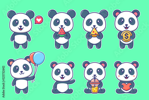 Fototapeta Naklejka Na Ścianę i Meble -  Cute panda cartoon collection. Cute animal illustration. Happy panda cartoon, sitting, standing, eating, holding. For sticker, crafting, poster, mascot, icon, logo, printing, packaging.