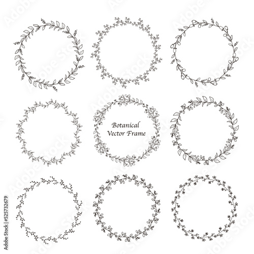 Botanical vector frame set. Black and white color. Circle shape branches frame design. Vintage floral wreaths with leaves , flower, herb, swirls, ornate.