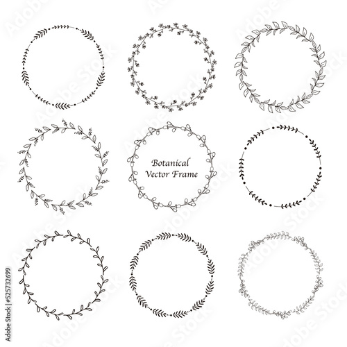 Botanical vector frame set. Black and white color. Simple branches circle frame design. Vintage floral wreaths with leaves , flower, herb, swirls, ornate.