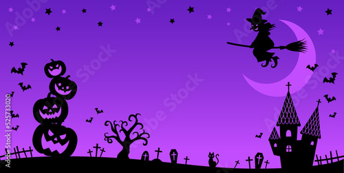 カボチャタワーと魔女シルエットのハロウィンフレーム背景_パープル（2：1）_ベクターイラスト