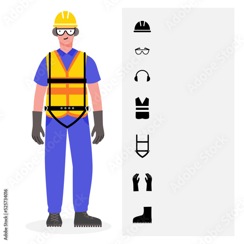 A construction worker wearing personal protective equipment with equipment and supplies icon set. flat vector illustration.