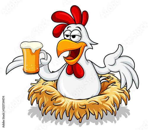 Cartoon rooster holding beer glass