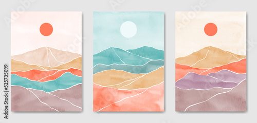Abstract Contemporary mid century modern Landscape boho poster template. Aesthetic Modern Art Minimal and natural mountains compositions for postcard cover wallpaper wall art home decor
