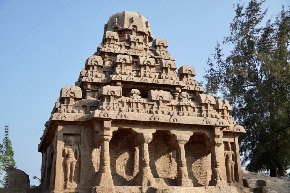 Rock cut ancient temple in Mahabalipuram, Tamilnadu. Indian architecture of monolithic historical temple. Historical heritage site in India.