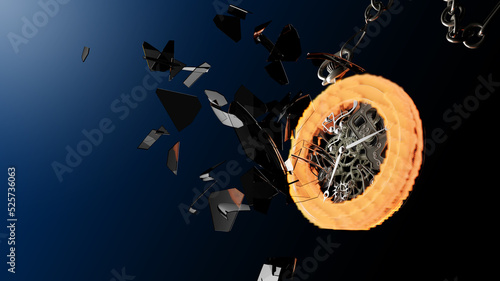 Pocket clock burning in flying pieces on black background. 3D rendering	