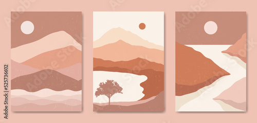 Abstract Contemporary mid century modern Landscape boho poster template. Aesthetic Modern Art Minimal and natural mountains compositions for postcard cover wallpaper wall art home decor