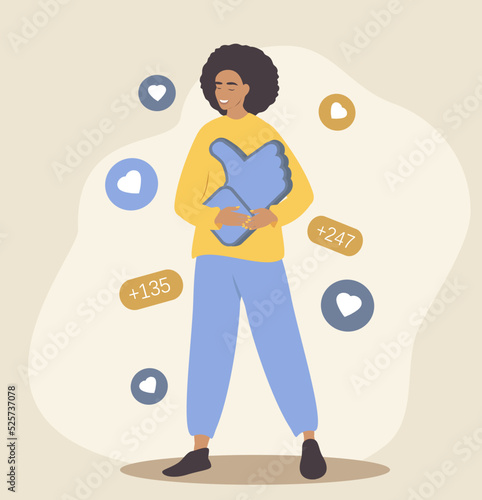 vector illustration in a flat style on the theme of likes and social approval in social networks. girl hugs a huge like