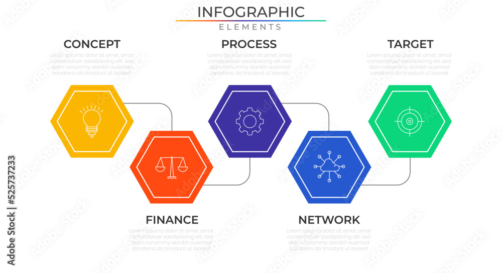 Polygon infographic elements concept design vector with icons. Business workflow network project template for presentation and report.