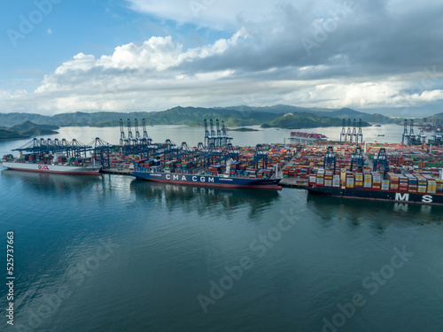 Shenzhen ,China - Circa 2022: Aerial view of container ship in Yantian port in Shenzhen city, China
