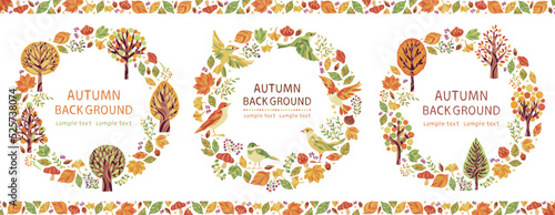 秋の紅葉・落ち葉・小鳥のイラストフレームセット