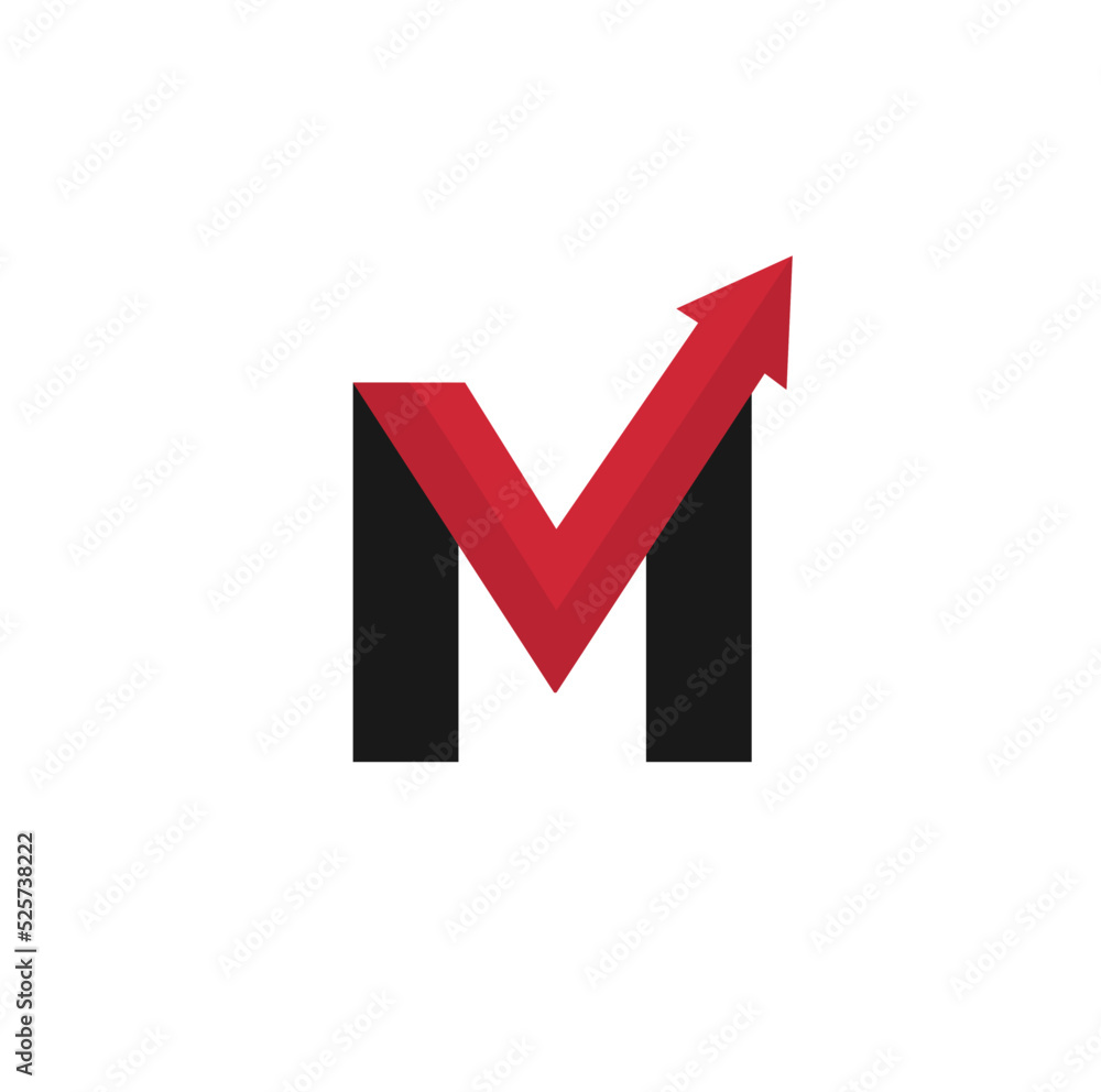 Red arrow check mark and letter M. Logo design. Vector Illustration. Red arrow check mark and letter M. Logo design. Vector Illustration.