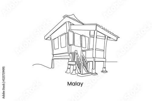 Single one line drawing  Traditional Malay House in Malaysia. Traditional house concept. Continuous line draw design graphic vector illustration.