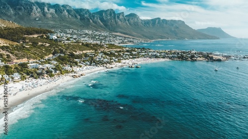 Aerial view of the beautiful rocky Clifton Beach in Cape Town, South Africa