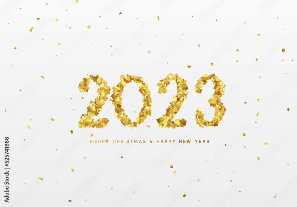Happy New Year 2023. Design Realistic golden paper confetti in shape of number 2023. Vector illustration Happy New Year 2023. Design Realistic golden paper confetti in shape of number 2023. Vector illustration