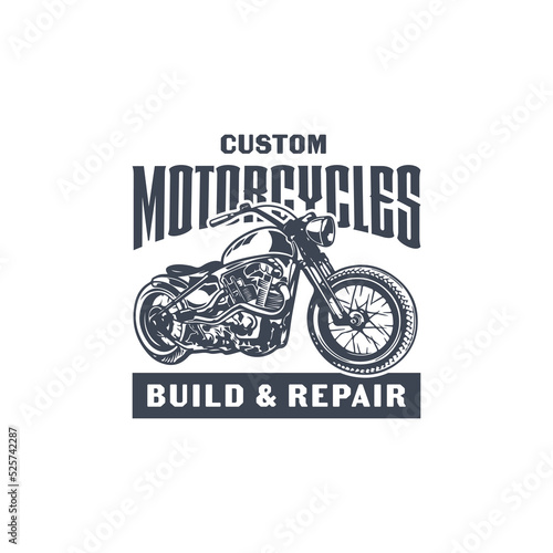 Custom motorcycle label in vintage style with inscription and motorbike. motorcycle or bike club with white background isolated vector illustration logo design template