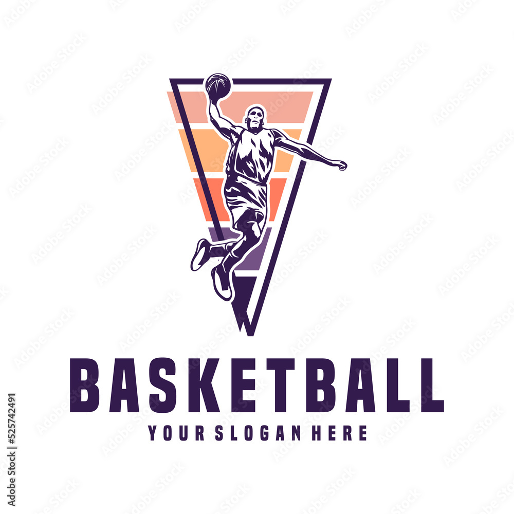 basketball player jumping with ball in hand. slam dunk basketball logo. basketball sport design template basketball player jumping with ball in hand. slam dunk basketball logo. basketball sport design template