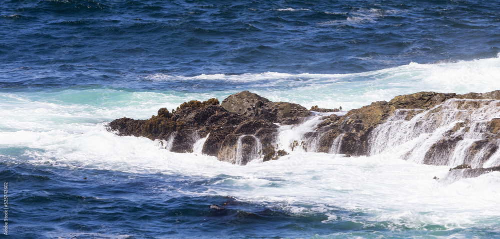 Rugged Rocks on a rocky shore on the West Coast of Pacific Ocean. Summer Morning Sky. Ucluelet, Vancouver Island, British Columbia, Canada. Nature Background Rugged Rocks on a rocky shore on the West Coast of Pacific Ocean. Summer Morning Sky. Ucluelet, Vancouver Island, British Columbia, Canada. Nature Background