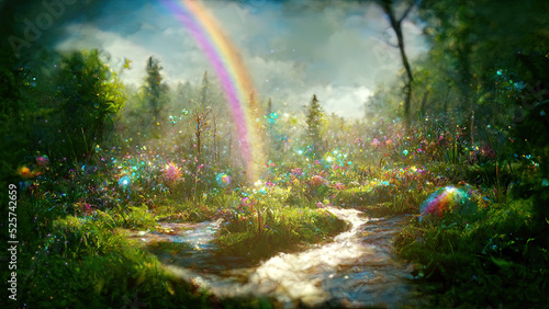 Magic fairytale forest landscape with creek and rainbow