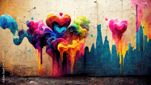 Colorful hearts as graffiti love symbol on wall photo