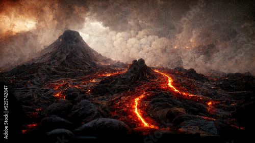Valokuva Erupting volcano with hot lava as natural disaster illustration