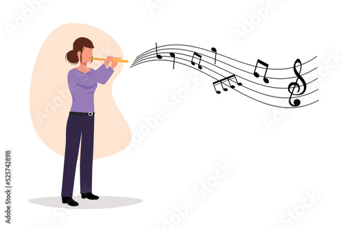 Business flat cartoon style drawing female musician playing flute. Flutist performing classical music on wind instrument. Solo performance of talented flautist. Graphic design vector illustration