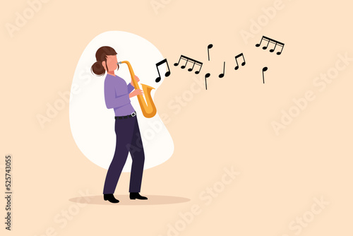 Business flat cartoon style drawing saxophonist. Jazz or blues musician, woman plays saxophone. Female performer in festival jazz music, jazz band performances. Graphic design vector illustration