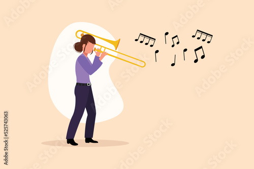 Business flat drawing trombone player. Female performer play wind instrument. Music artist girl. Jazz woman. Musician play trumpet. Classic music event. Cartoon character design vector illustration