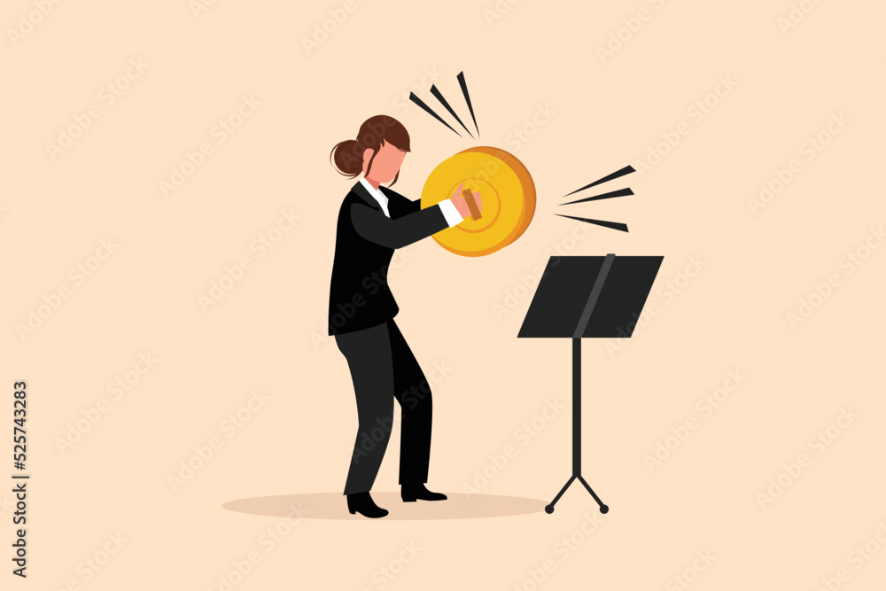 Business design drawing female musician playing cymbals. Woman performer playing classical music with percussion musical instrument. Person performs on stage. Flat cartoon style vector illustration Business design drawing female musician playing cymbals. Woman performer playing classical music with percussion musical instrument. Person performs on stage. Flat cartoon style vector illustration