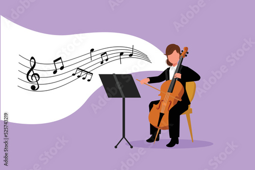 Business flat drawing young talented female performer playing on contrabass. Cellist woman playing cello, musician playing classical music instrument. Cartoon character design vector illustration